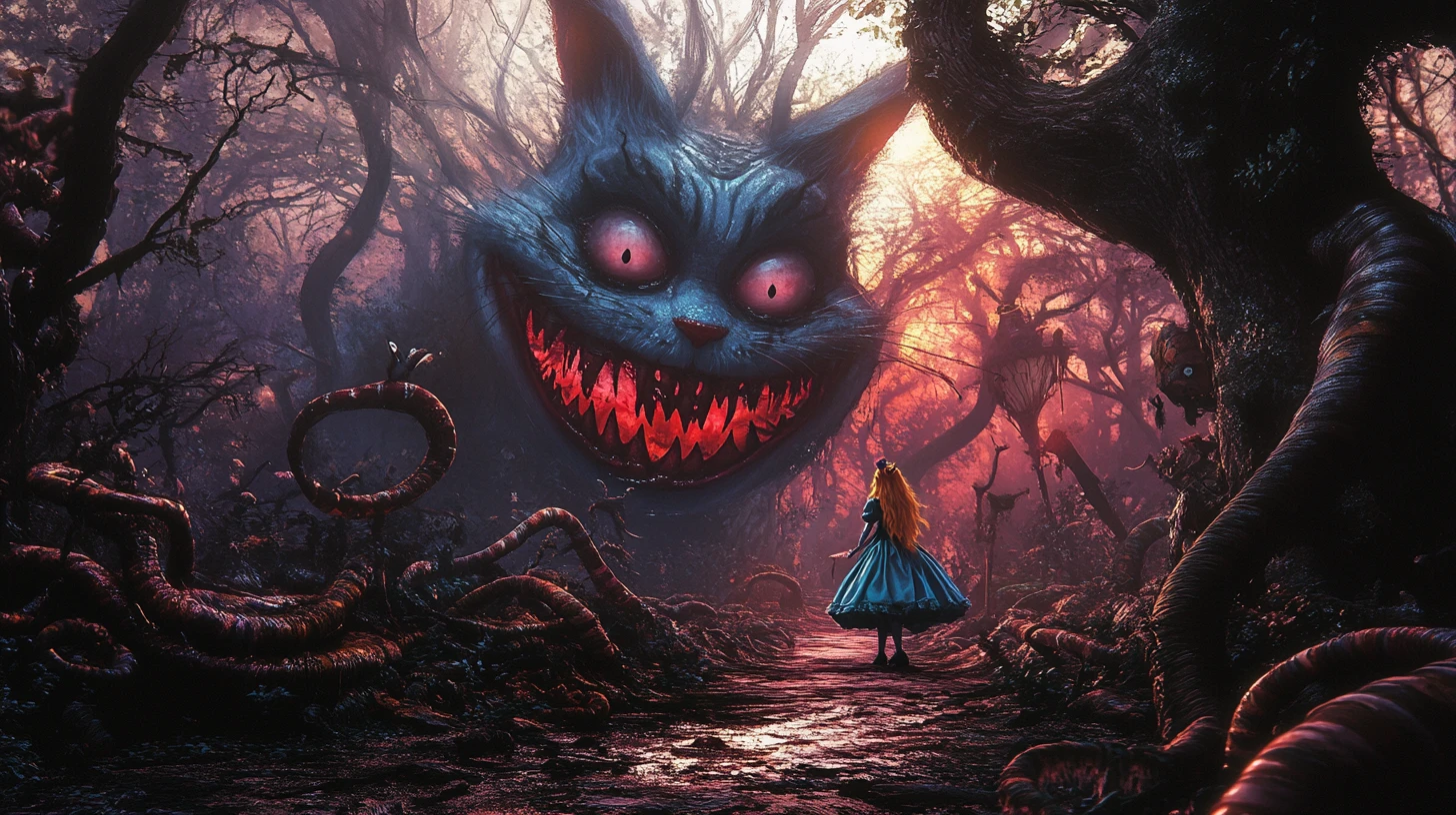 愛麗絲獨自走在詭異陰森的黑暗森林中