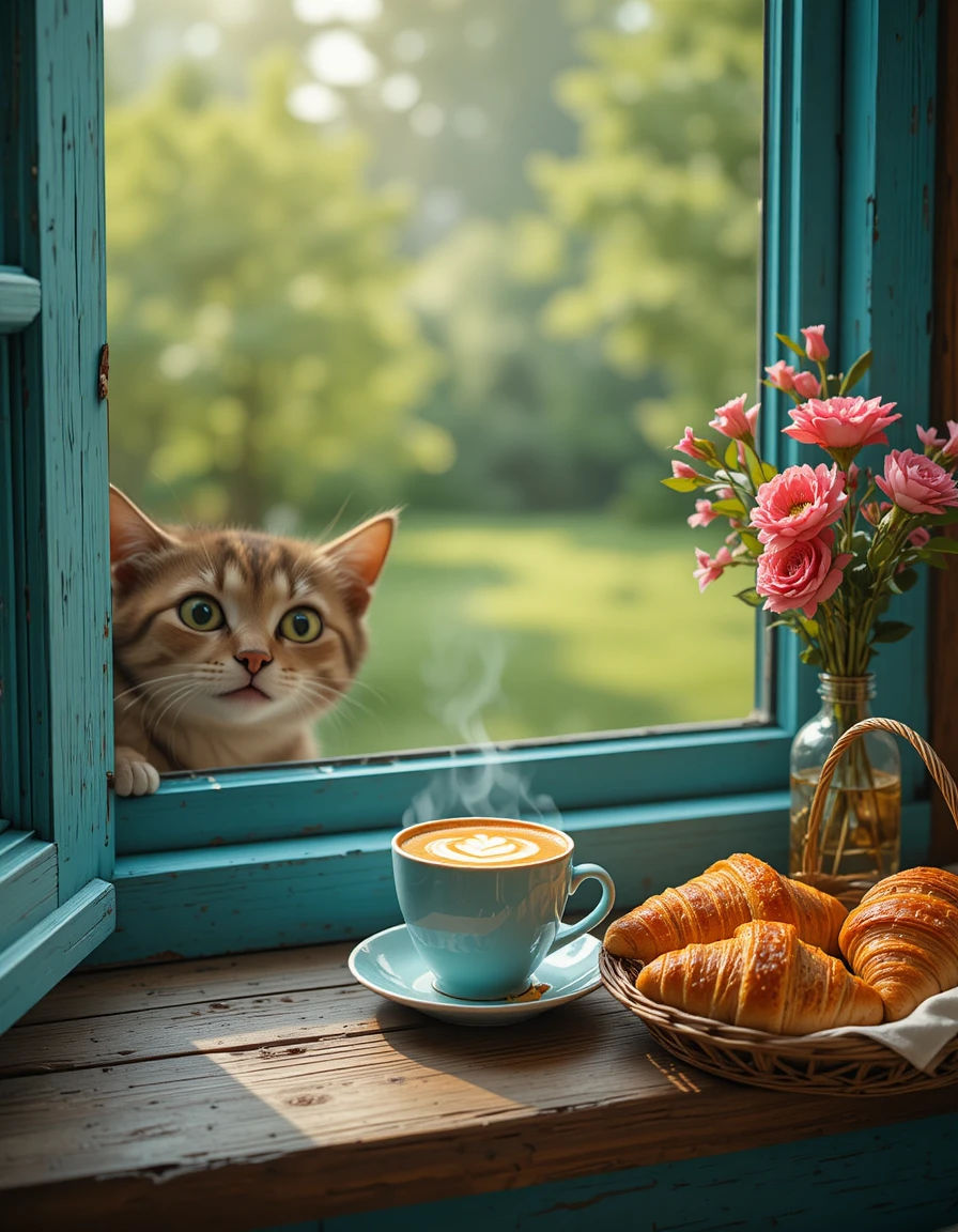 Desayuno acogedor con café, croissants y un gato atigrado curioso