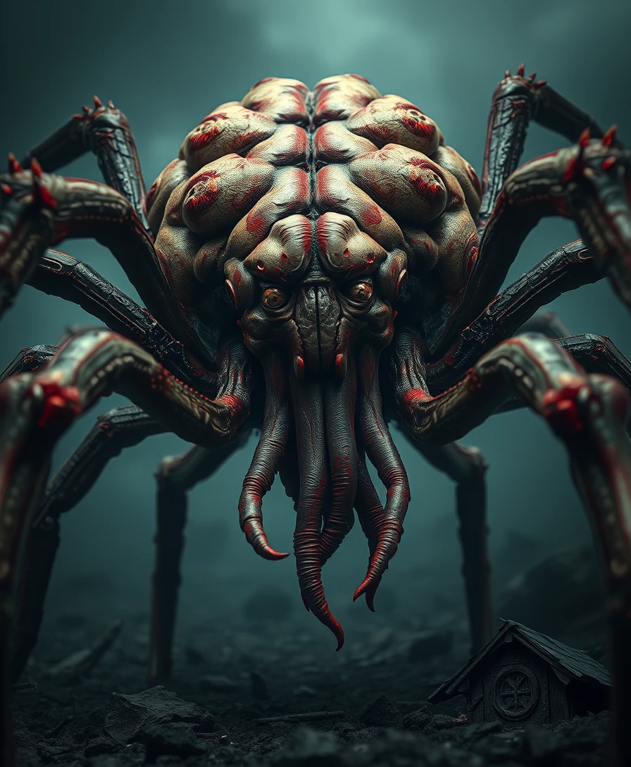 Grotesque brain spider monster in apocalyptic close up