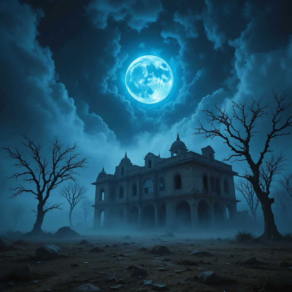 Abandoned haveli under blue moonlight at village edge