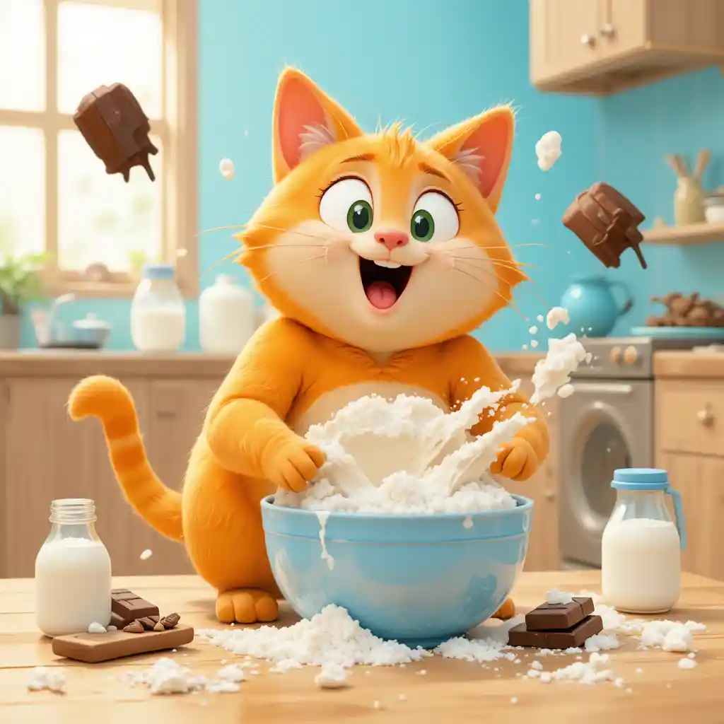 Gros Chat 3D Orange Ramassant des Ingrédients de Pâtisserie dans la Cuisine