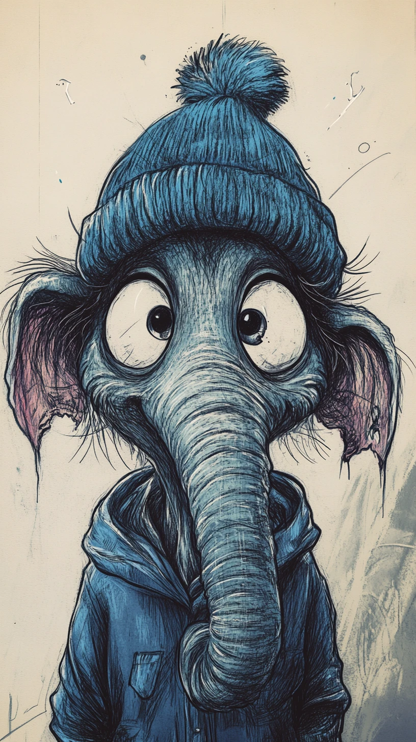 Clumsy gray elephant in a stable with winter accessories