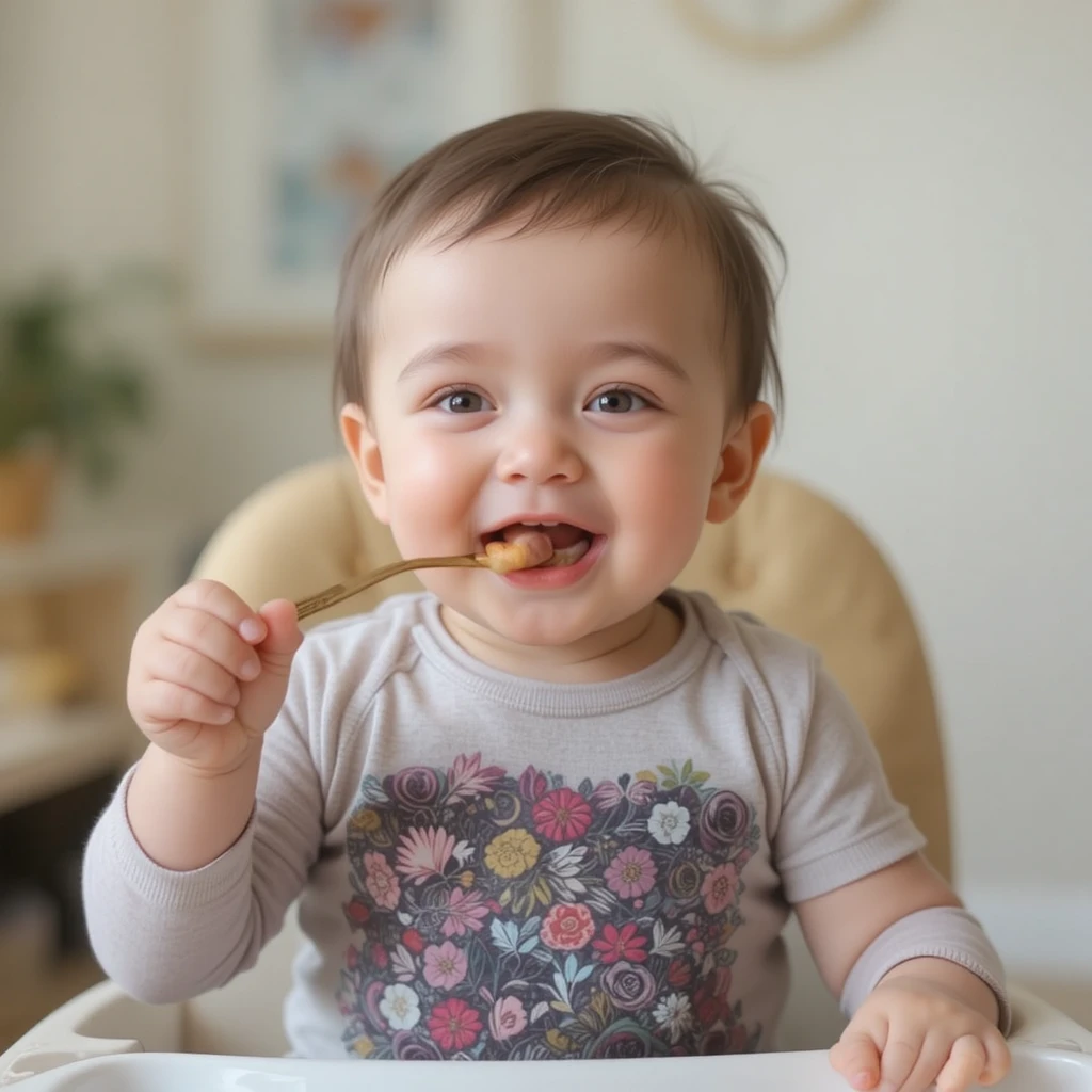 Bebê feliz aproveitando uma colher de comida saborosa