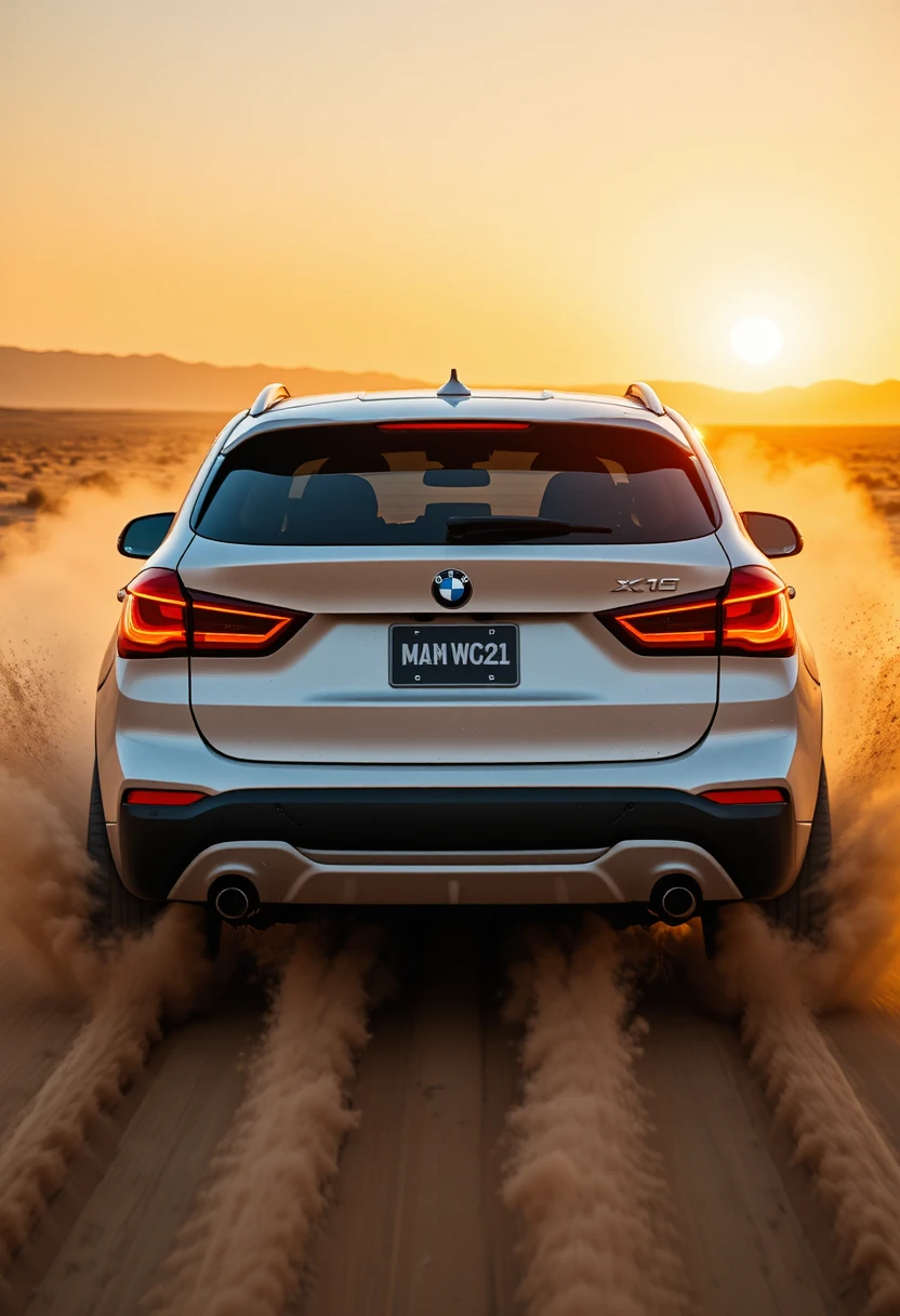 SUV branco correndo pela areia do deserto ao pôr do sol dourado