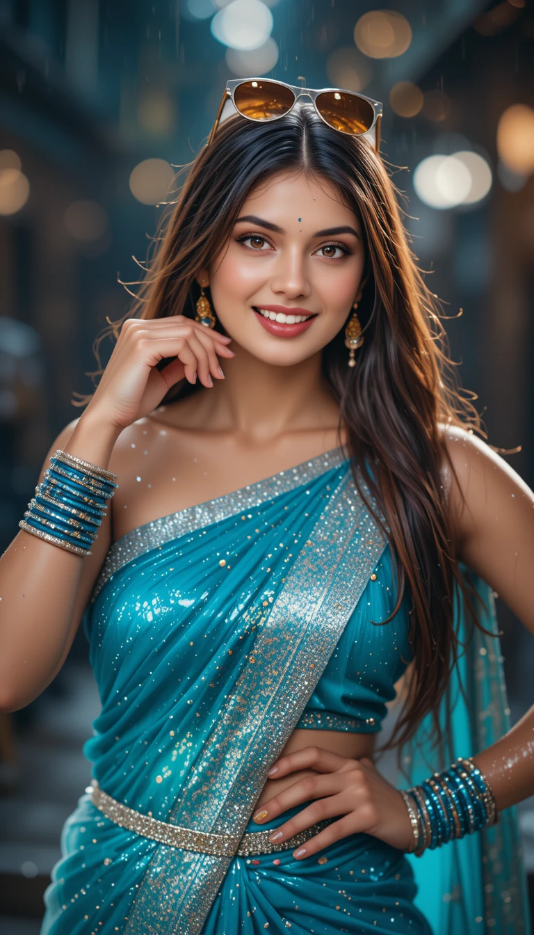 Playful South Indian woman in blue saree with wet look