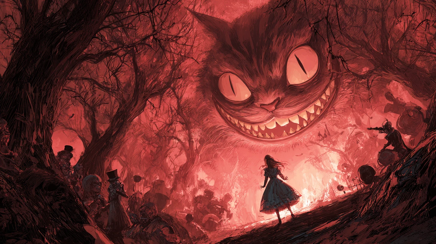 Alice walks through a dark twisting fantasy forest