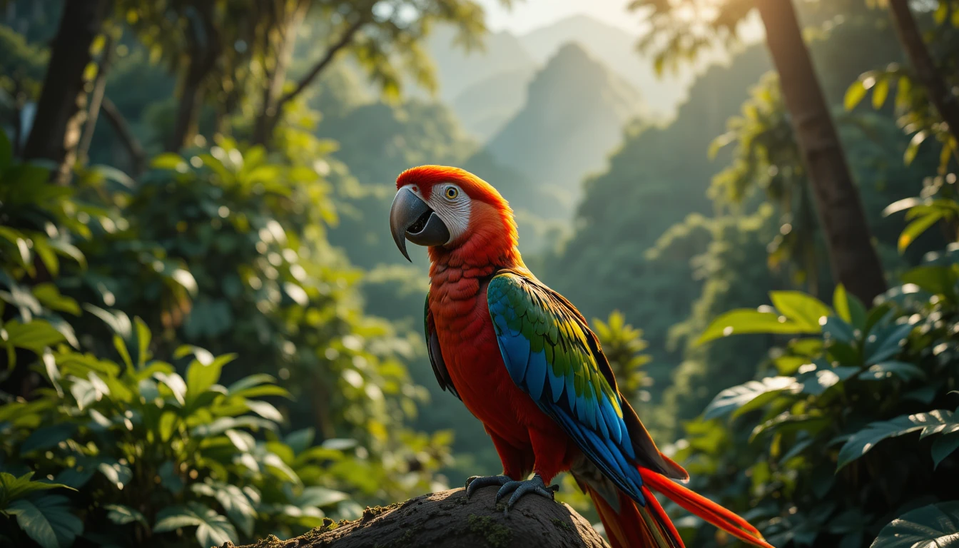 Ara coloré au soleil au-dessus de la luxuriante forêt tropicale brésilienne