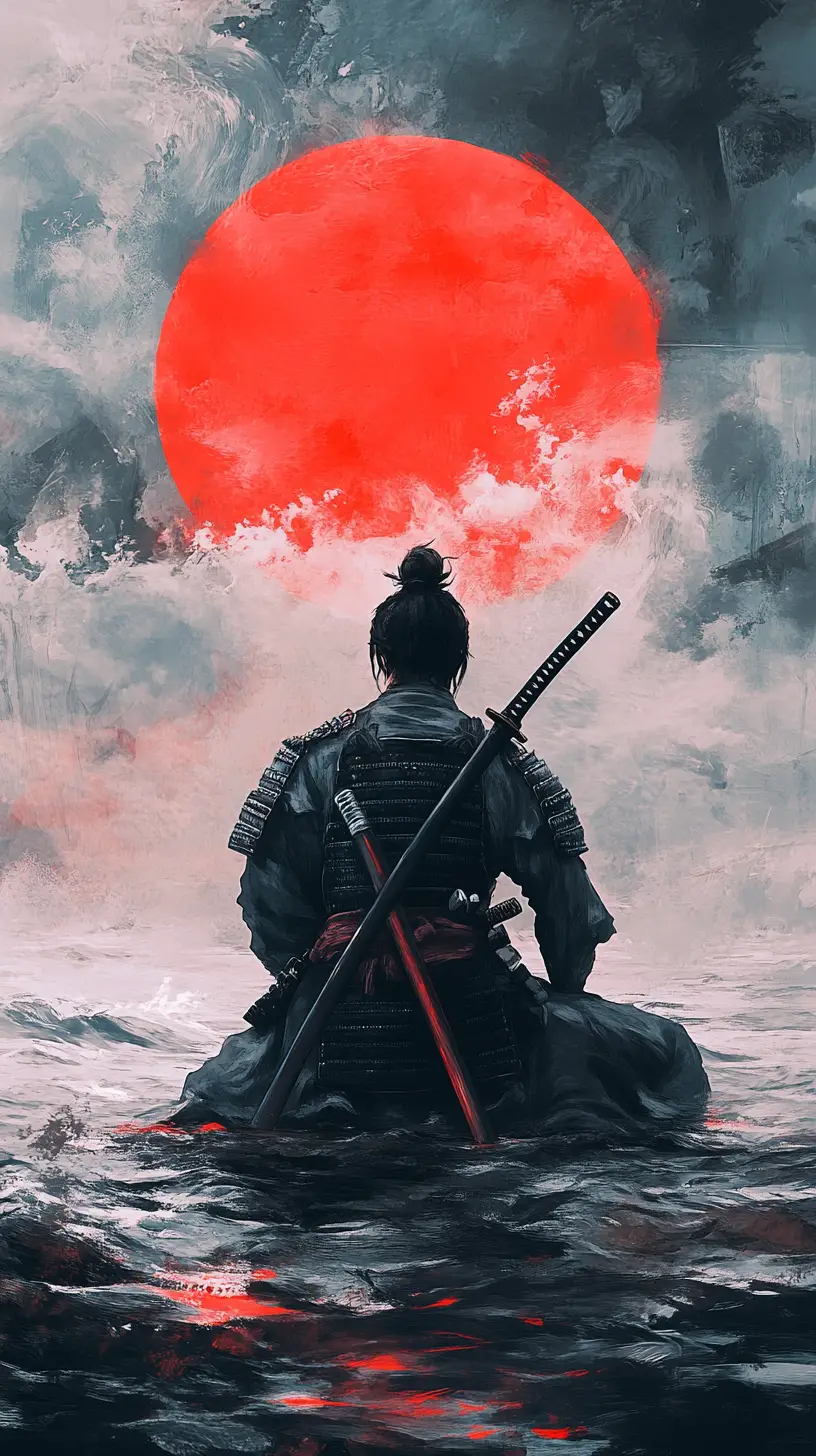 Einsamer Samurai vor stürmischer See und roter Sonne