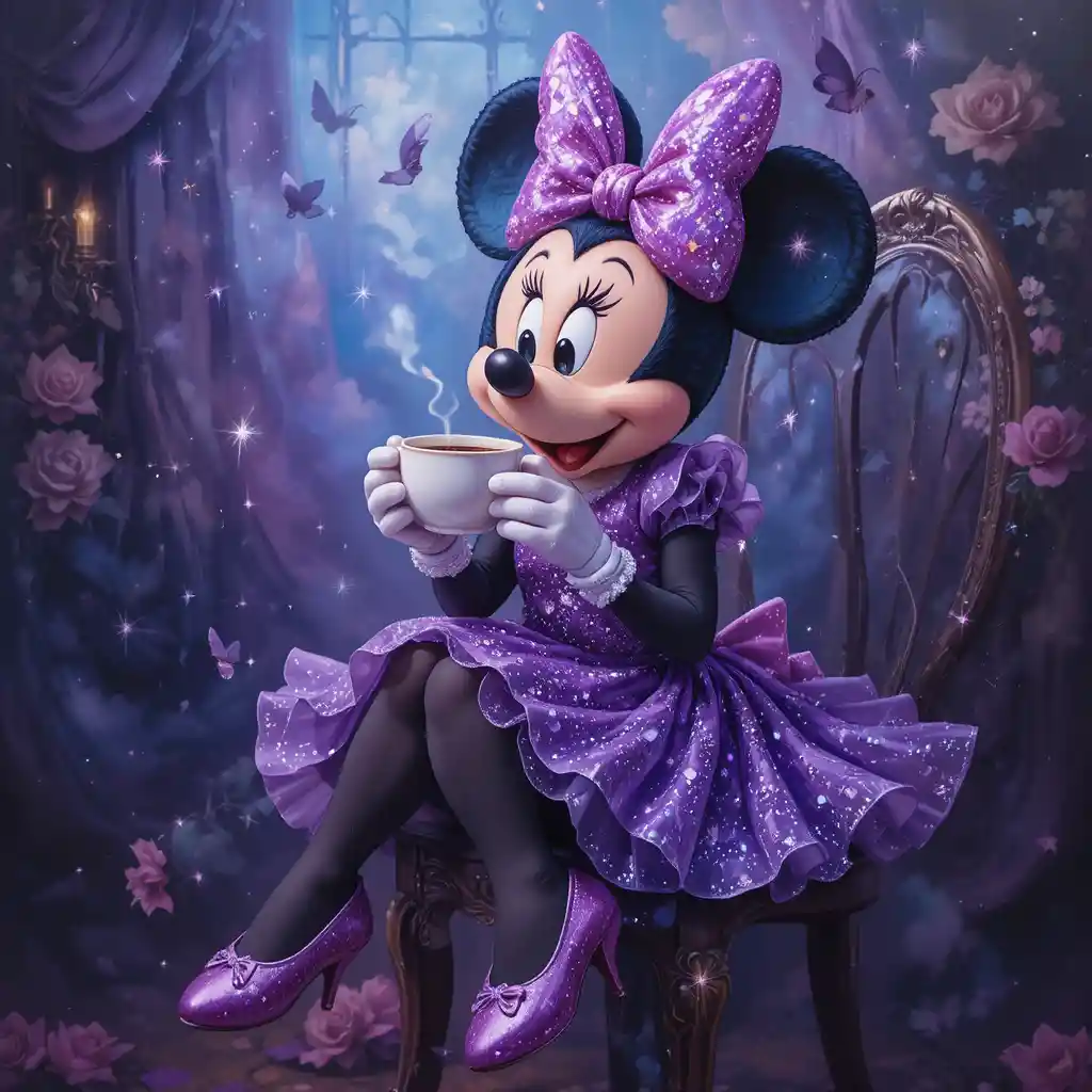 Rato de desenho animado de vestido roxo tomando café na cadeira