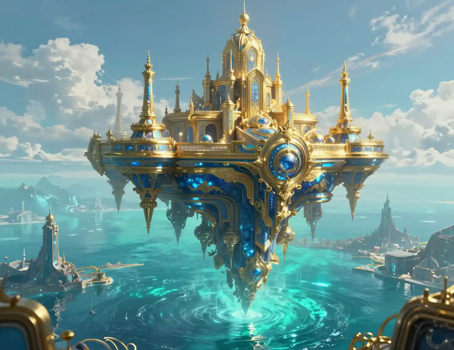 Golden floating citadel above an endless turquoise sea