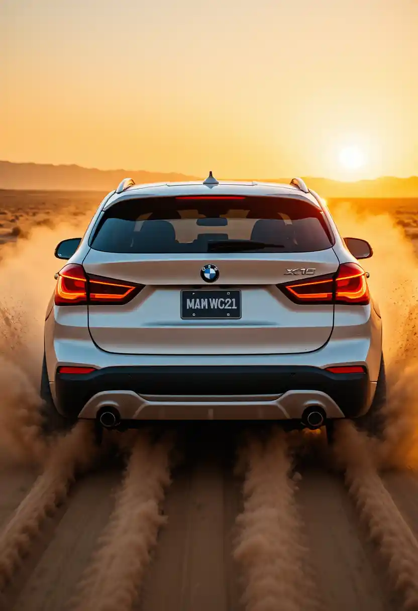 SUV branco correndo pela areia do deserto ao pôr do sol dourado