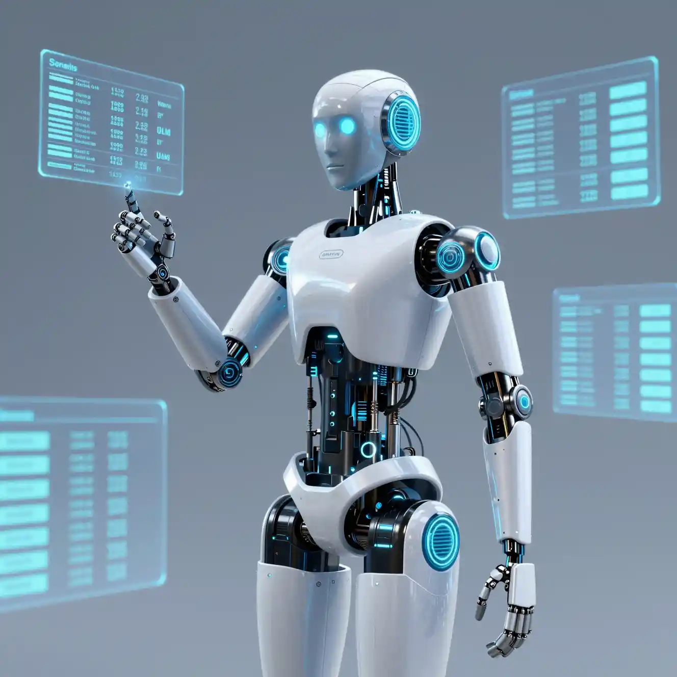 Robot humanoïde futuriste avec graphiques boursiers flottants