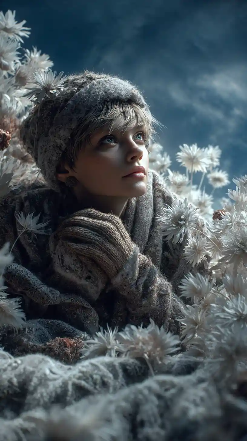 Woman resting on blanket in frozen daisy field at dusk