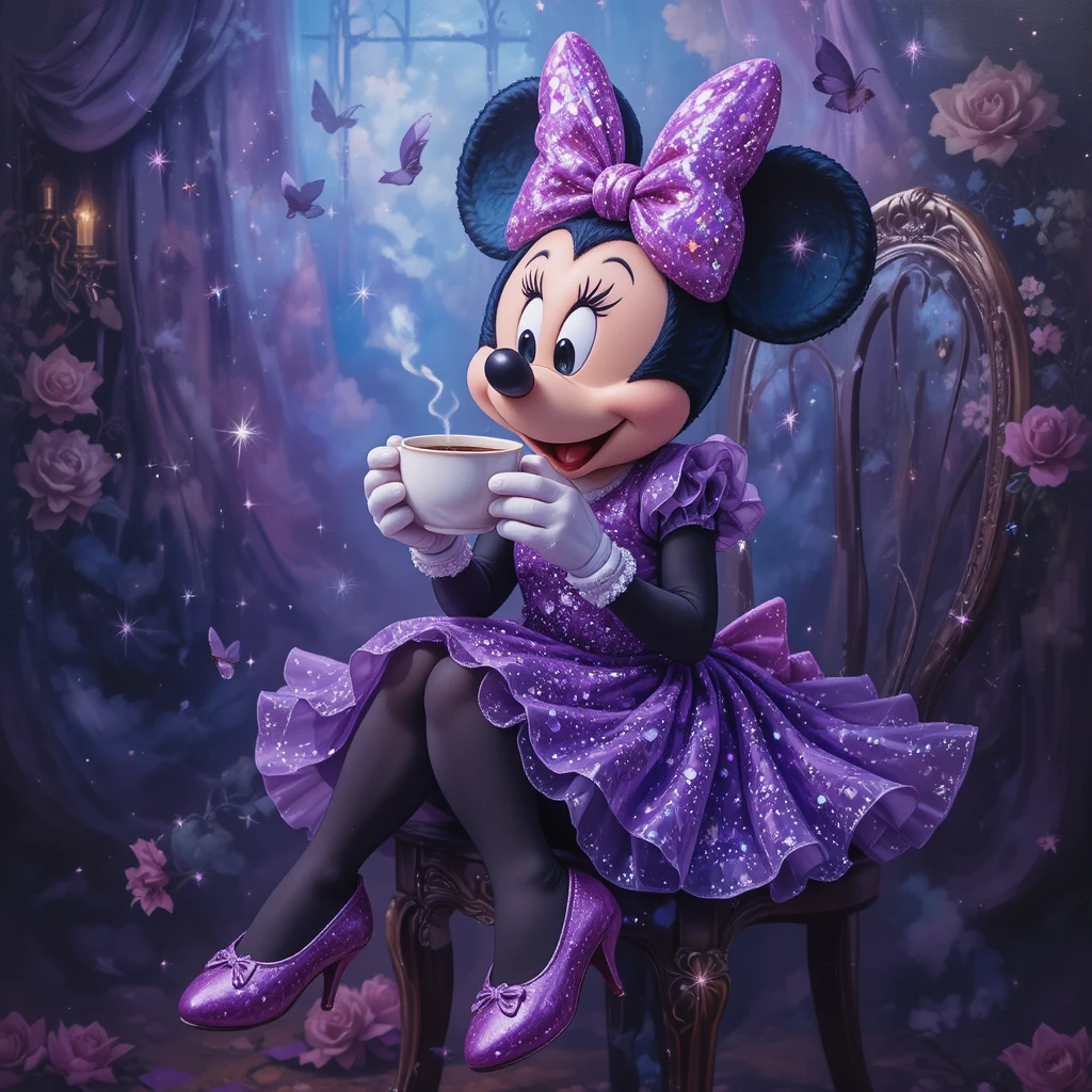 Rato de desenho animado de vestido roxo tomando café na cadeira