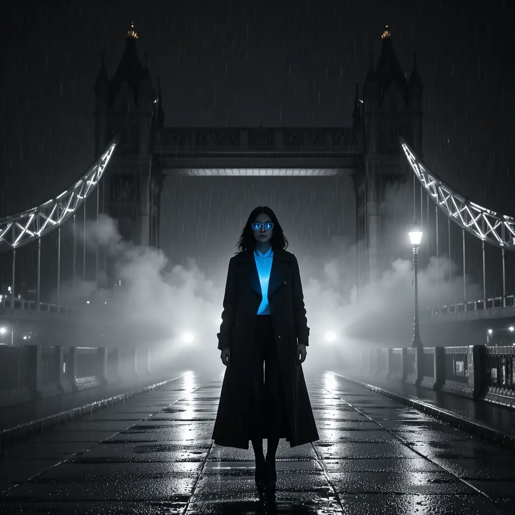 Noir-Femme-fatale unter regengetränkter Stadtbrücke bei Nacht
