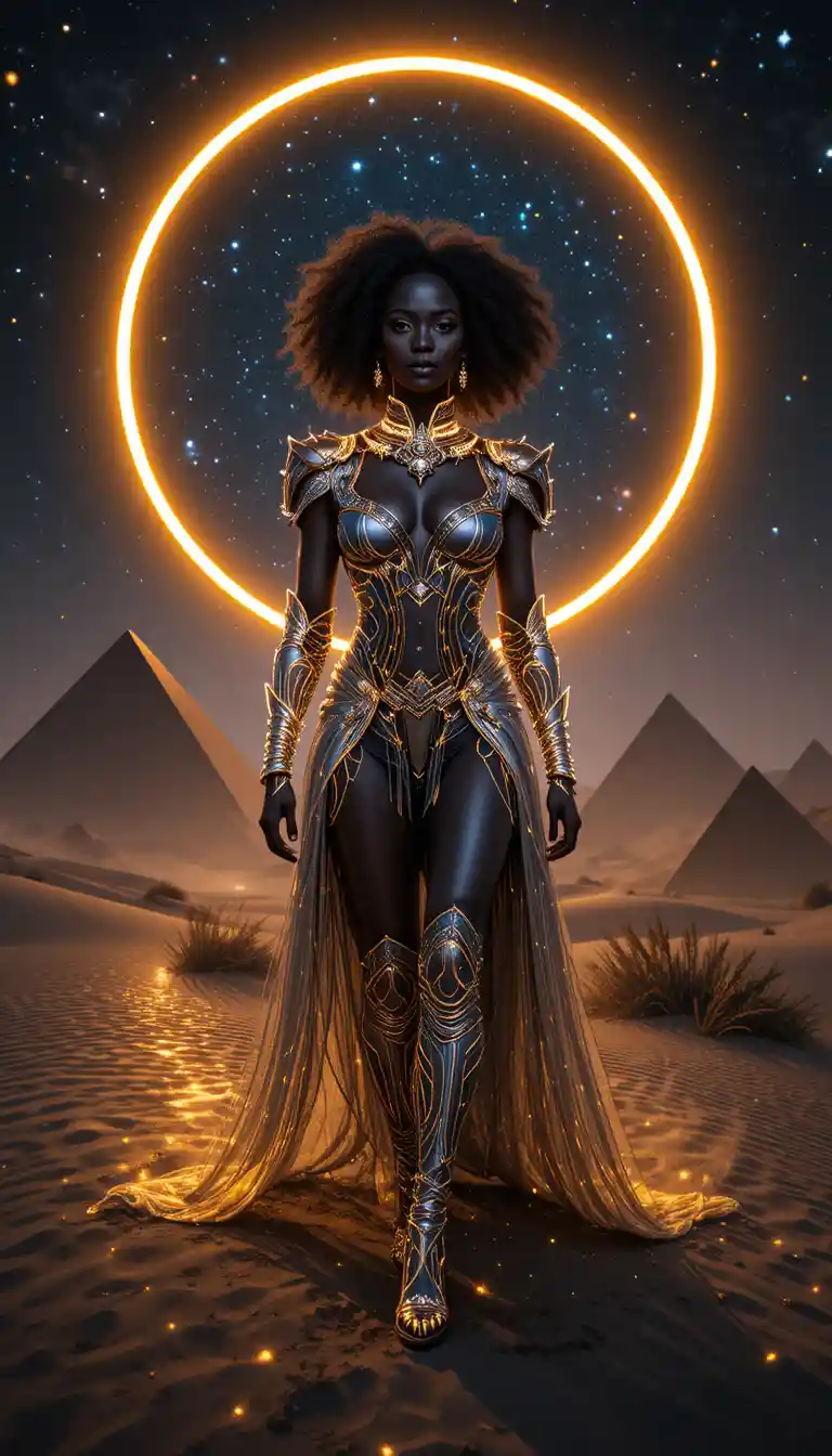 Imperatrice afrofuturista che cammina tra dune di vetro nero luminose