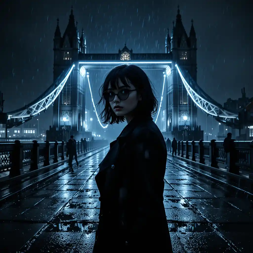 Noir femme fatale under rain soaked city bridge lights