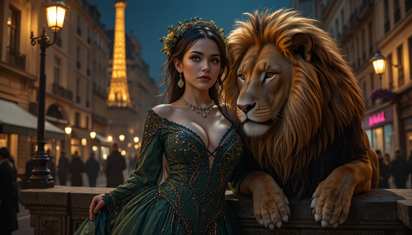 Femme élégante avec lion dans une scène nocturne luxueuse à Paris