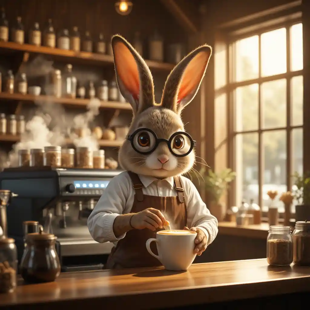 Coelho barista antropomórfico servindo latte art em um café