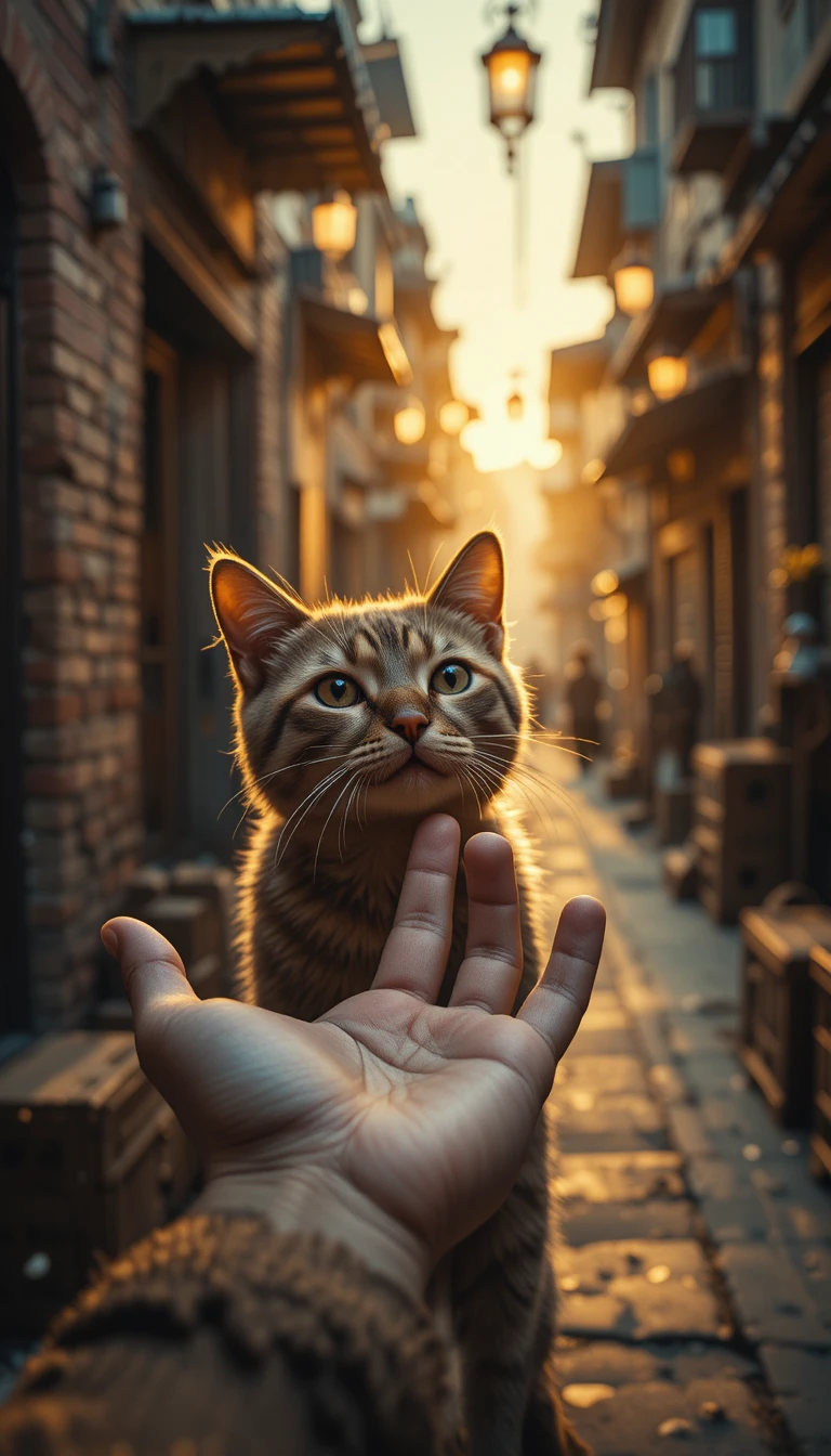 Gato tocando a mão de uma jovem mulher na luz quente do beco