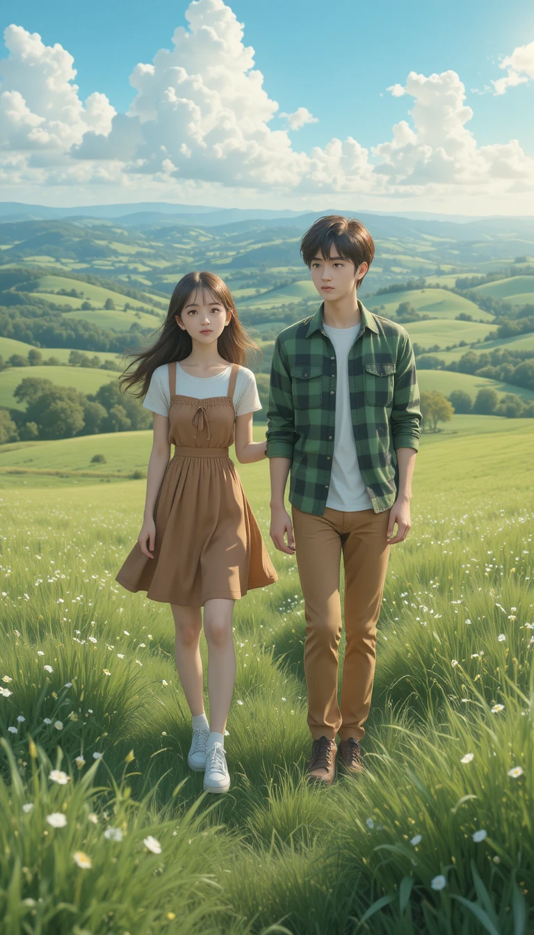 Casal de anime caminhando juntos em um campo gramado tranquilo