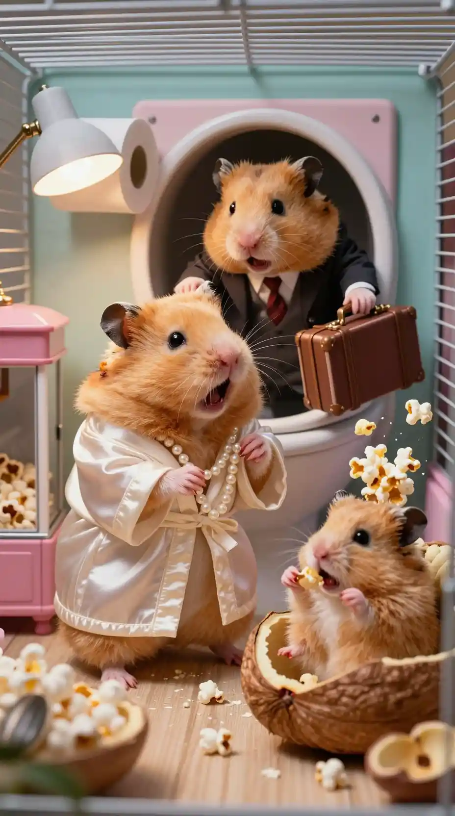 Dramatic Close Up Of Hamsters In A Pastel Cage
