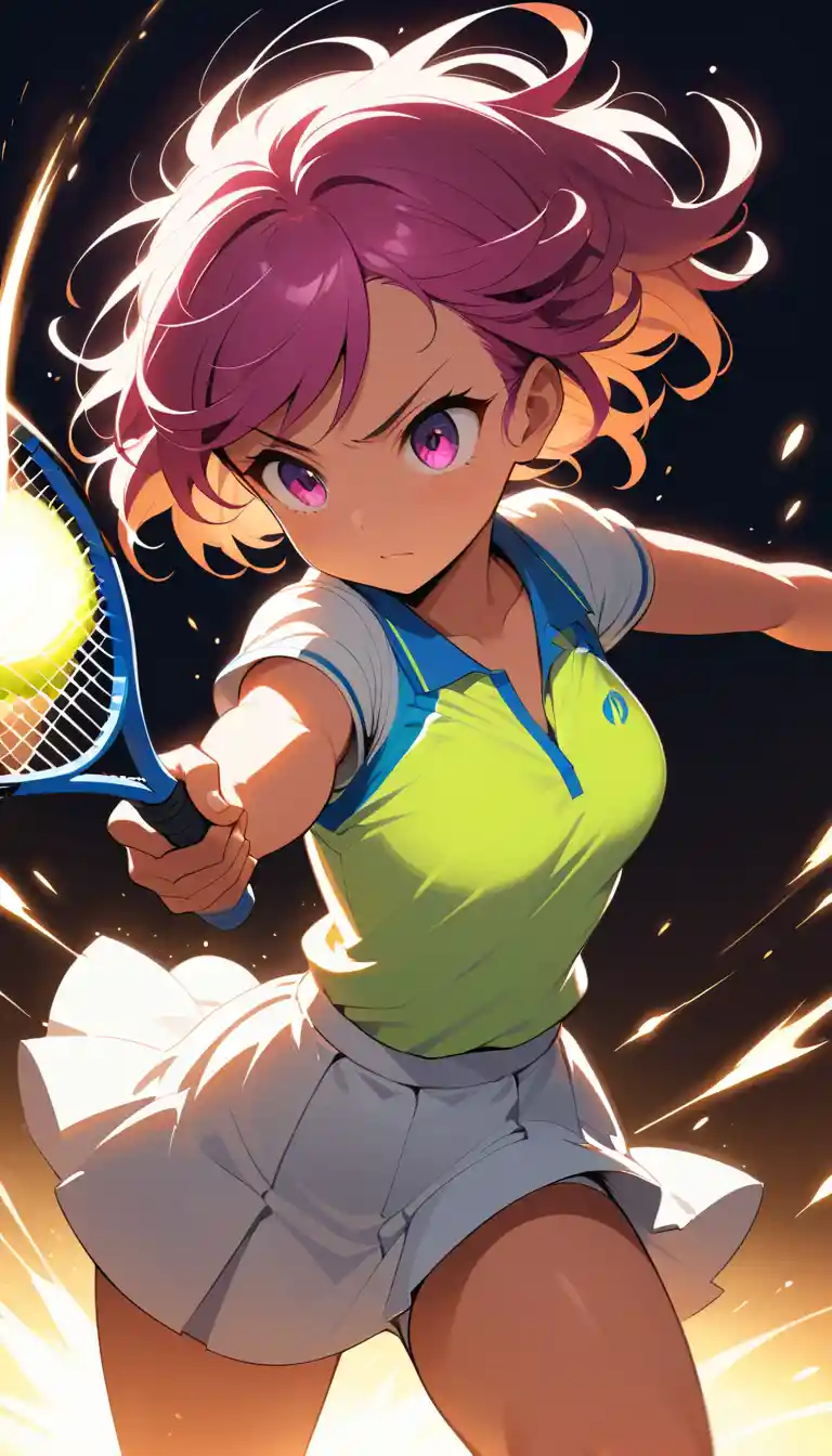 Female tennis player striking a ball through glowing dust