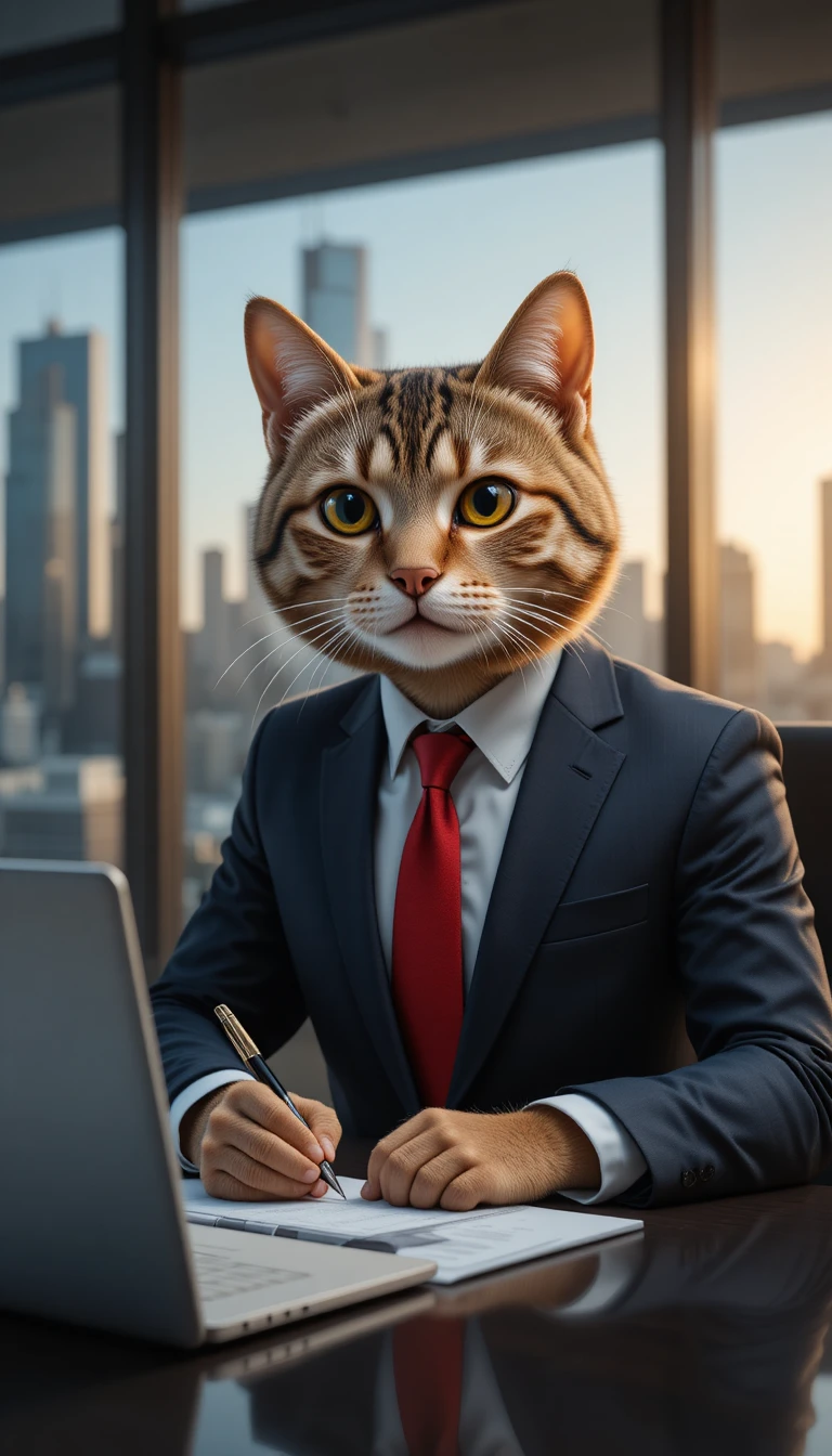 Gato de negócios de terno em mesa de vidro com horizonte da cidade
