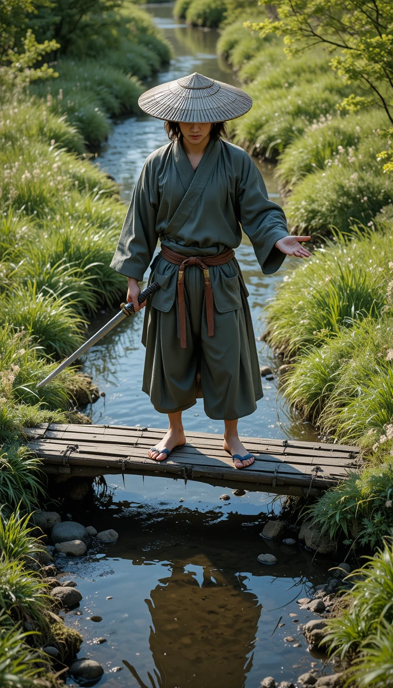 Samurai em Ponte de Madeira Segurando Katana ao Meio-Dia