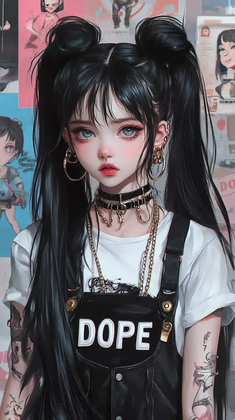 Cute anime girl with buns in punk streetwear portrait