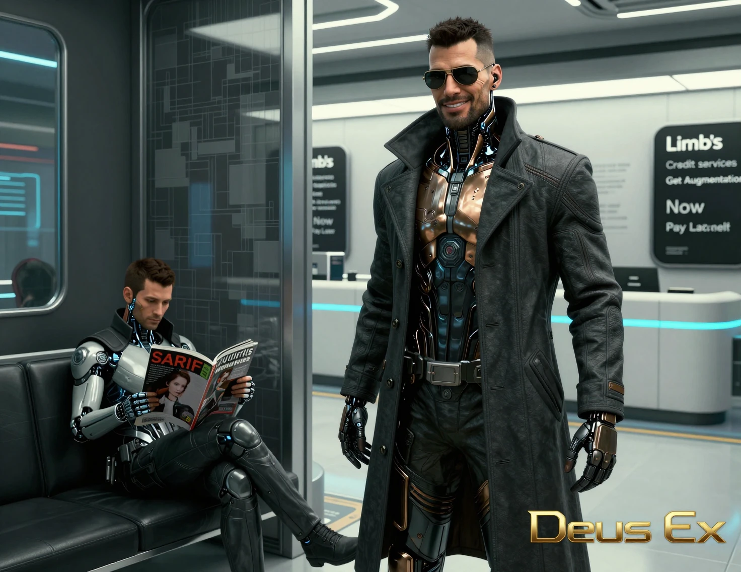 Detective potenziato nella hall di una clinica cyberpunk futuristica