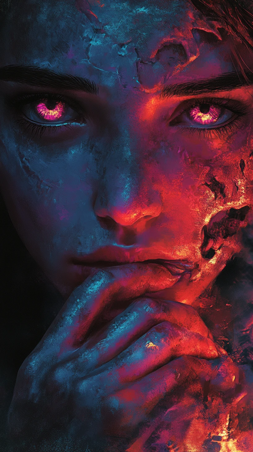 Woman with stitched lips holding a skull in neon glow