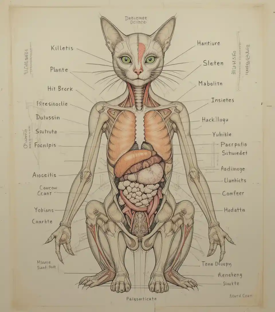 Frontal anatomical diagram of a cat with labeled organs