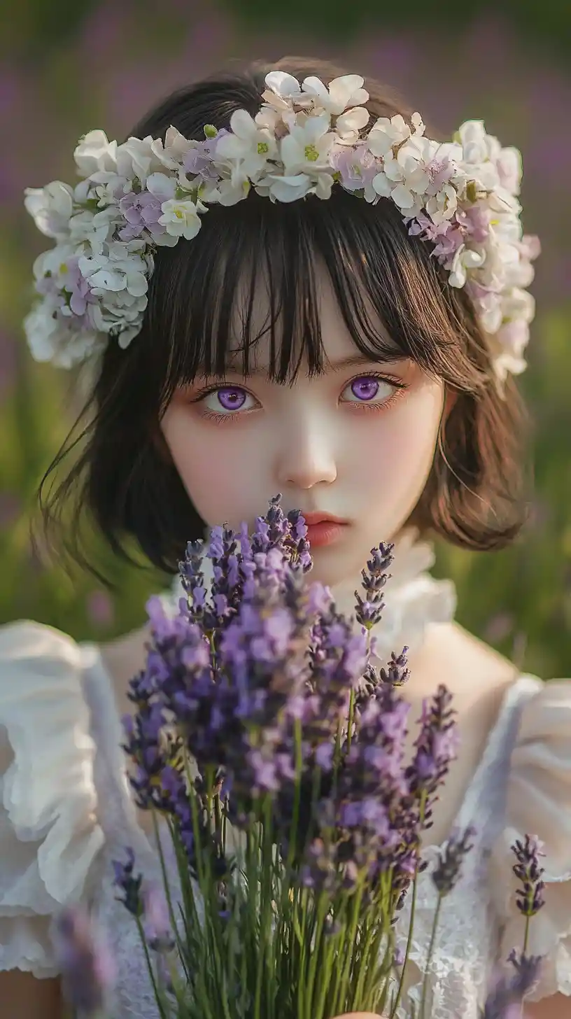 Girl in lavender field with floral crown illustration