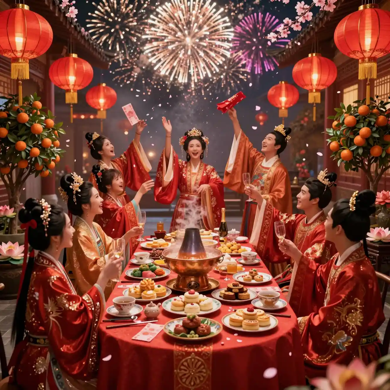 Banquet festif du Nouvel An chinois avec des invités joyeux en robes rouges