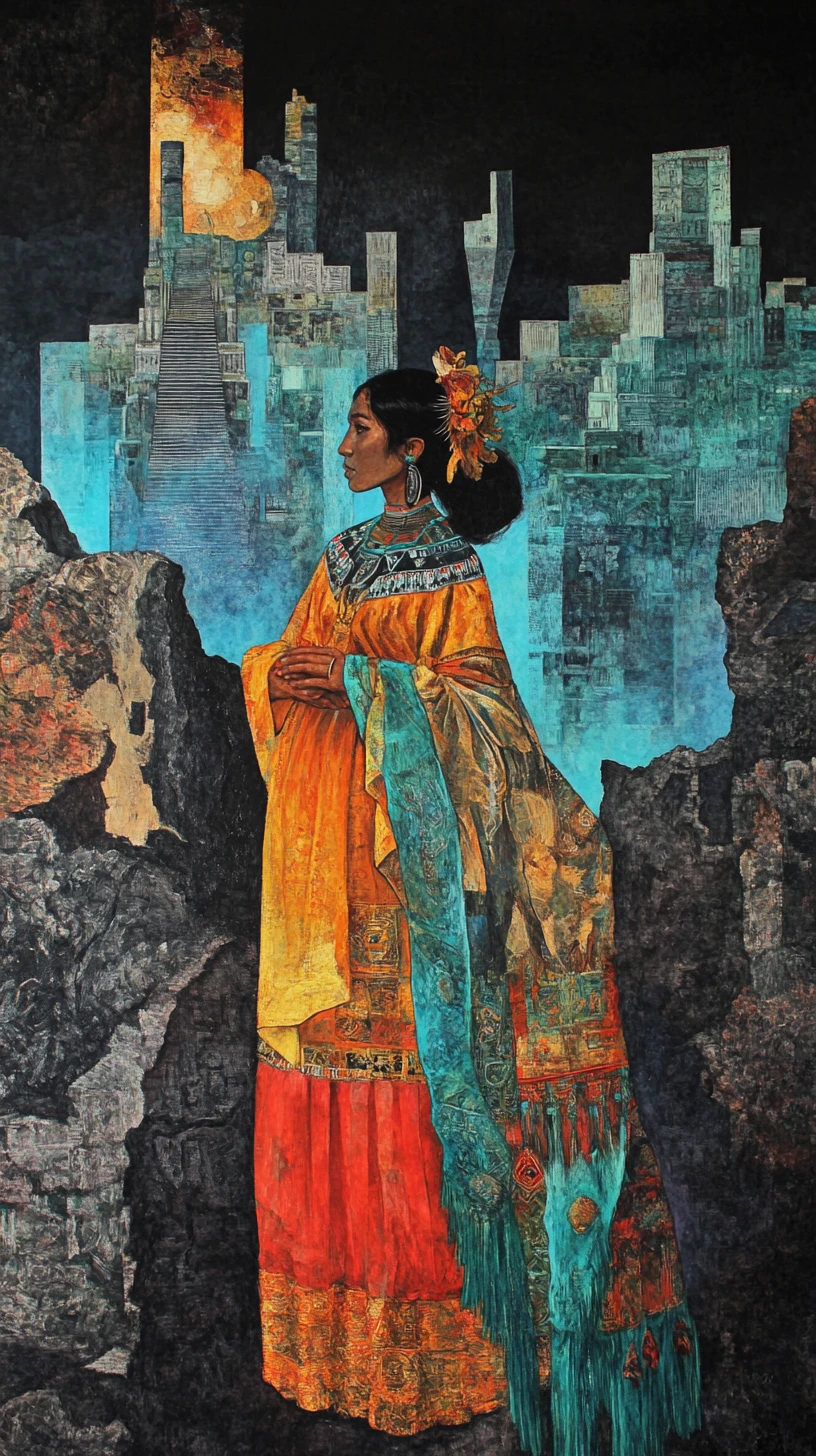 Mujer indígena en paisaje urbano ritual azteca surrealista