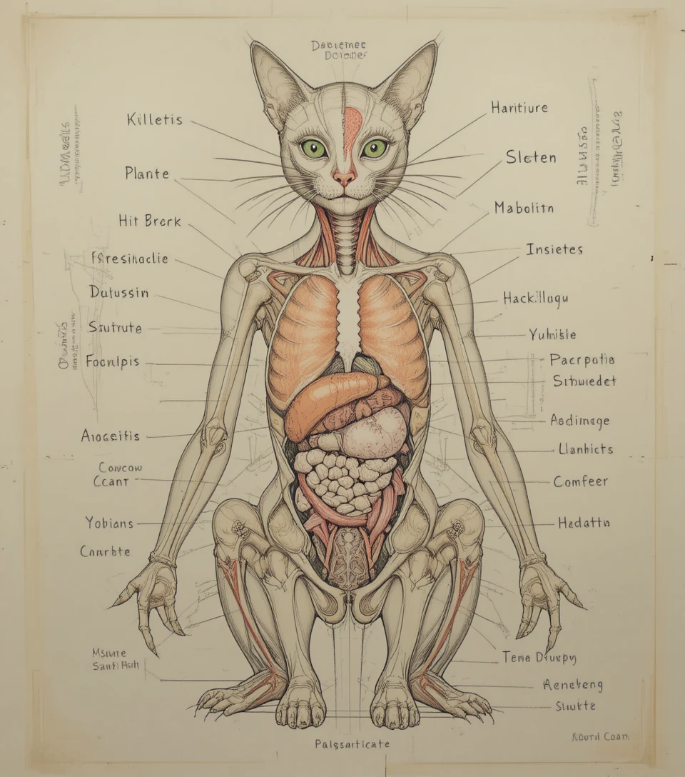 Schéma anatomique frontal d’un chat avec organes étiquetés