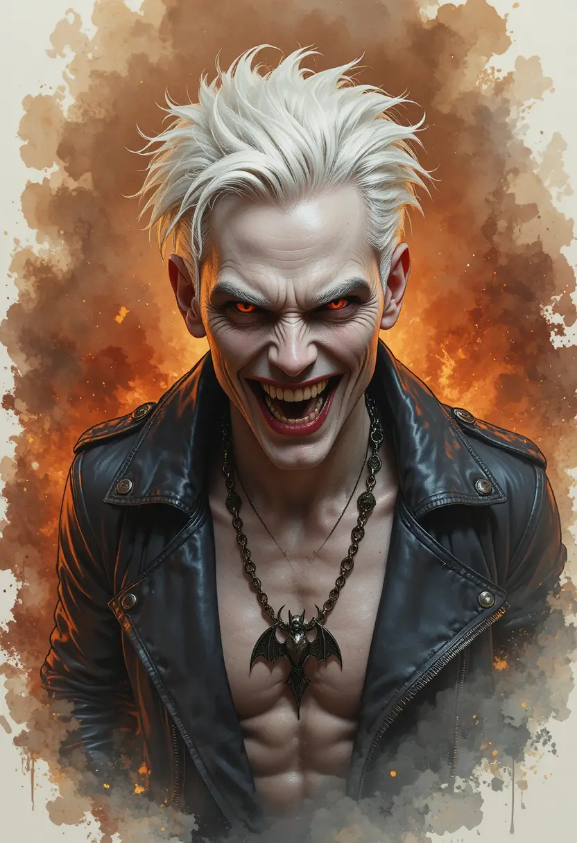 Vampiro de cabelos brancos sorrindo diante de um fundo fumegante em chamas