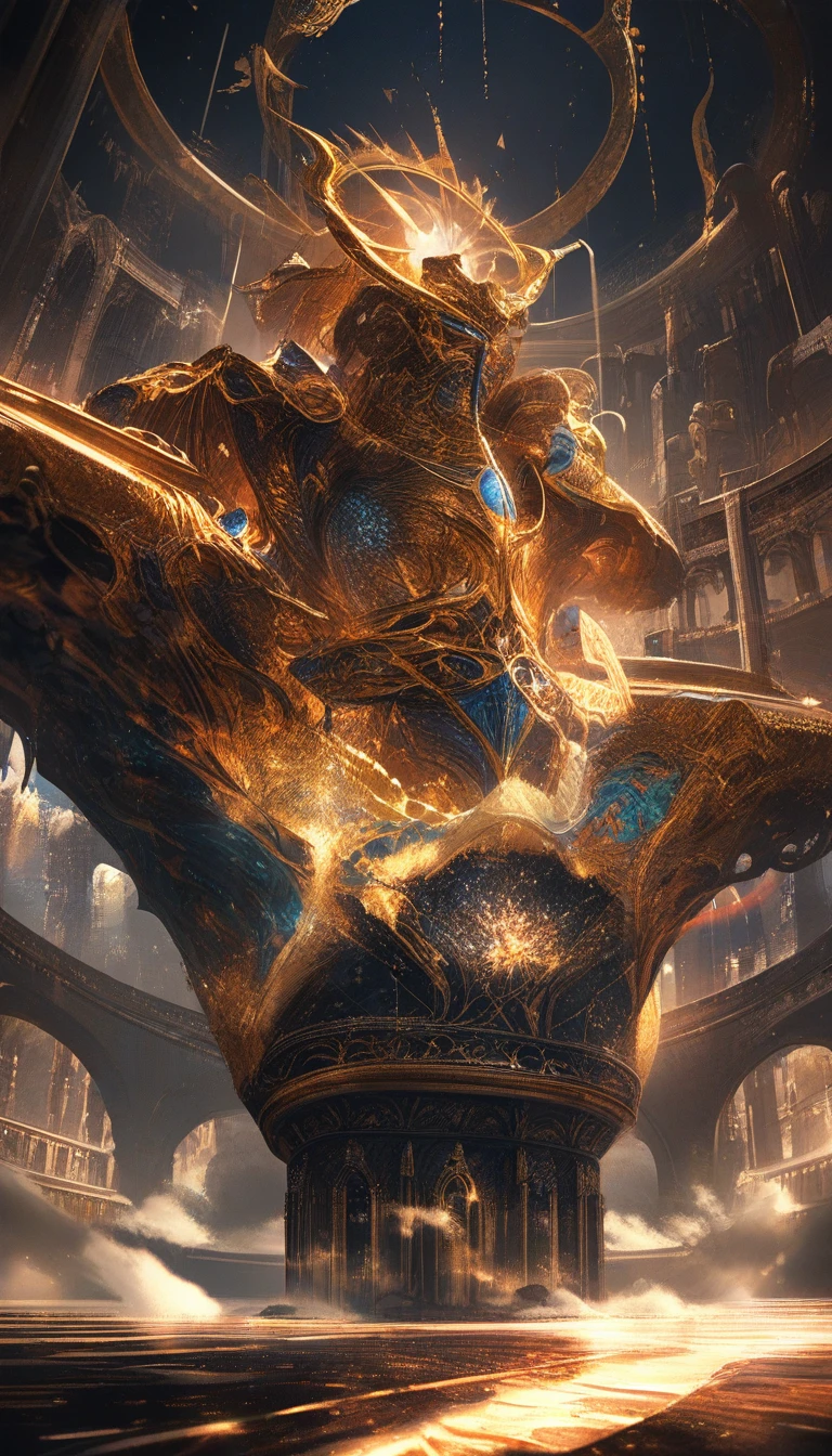 Goldene Rüstung, die in einem antiken Kolosseum bei Nacht leuchtet