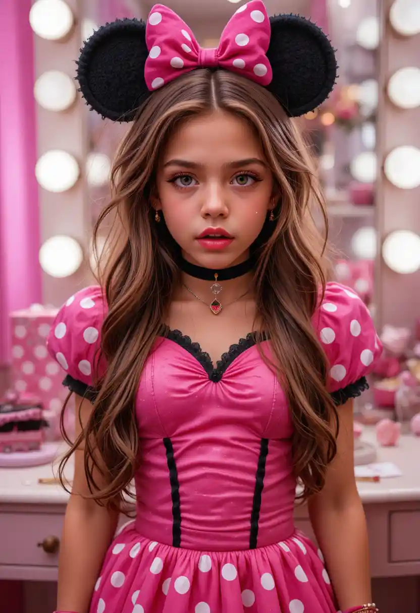 Garoto pré-adolescente ansioso com roupa da Minnie em penteadeira de boutique