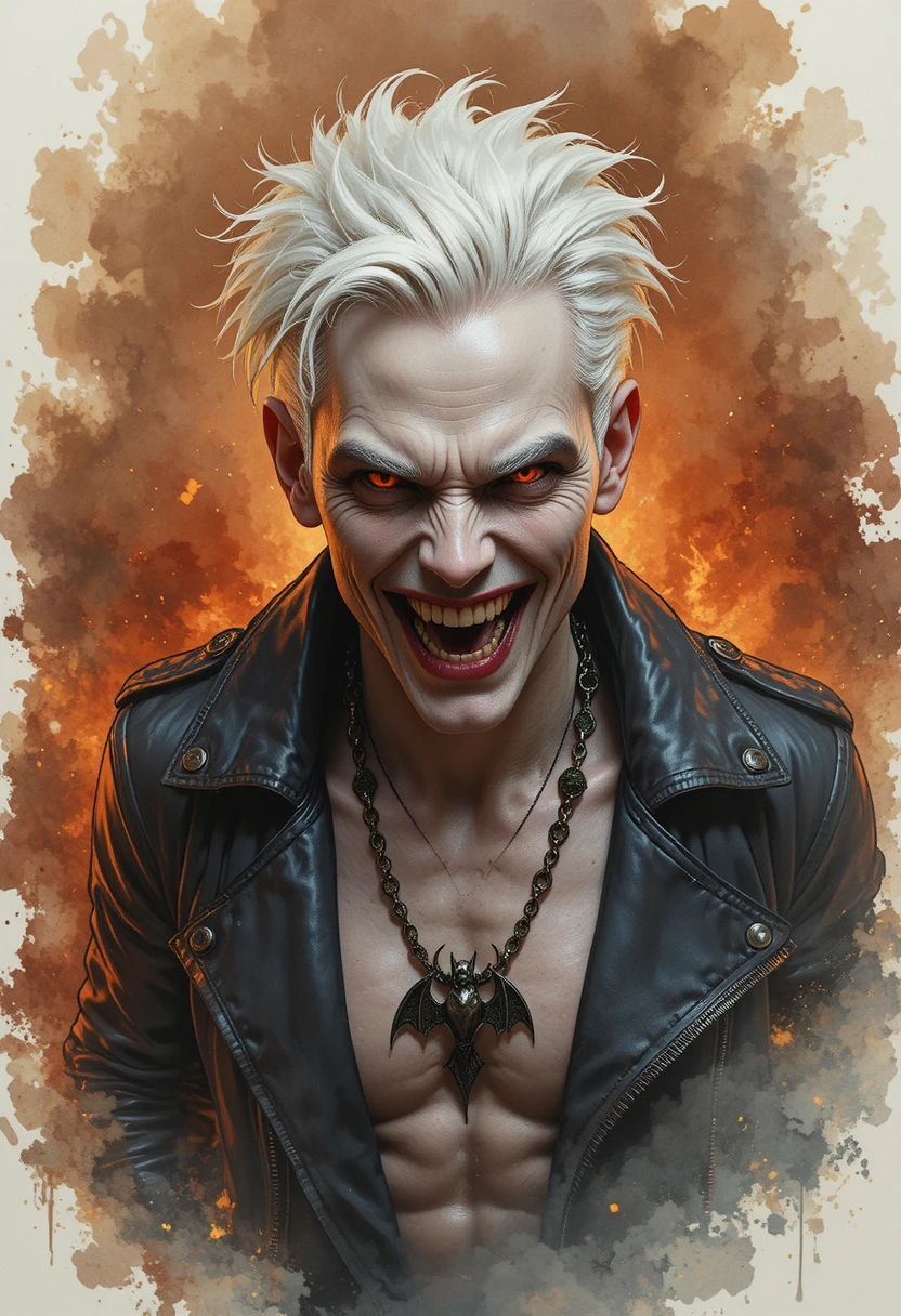 Vampiro dai capelli bianchi che sorride davanti a uno sfondo di fiamme e fumo