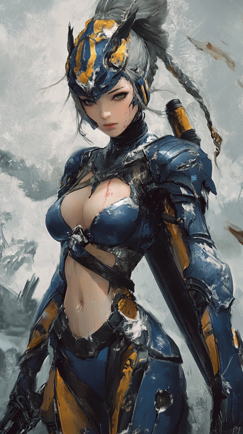 Close up anime warrior woman with blue fantasy armor