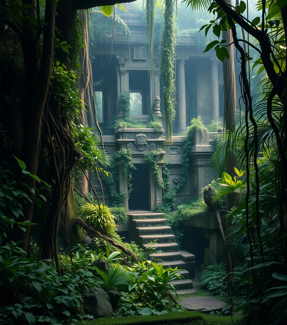 Antigo templo na selva coberto por espessas vinhas verdes