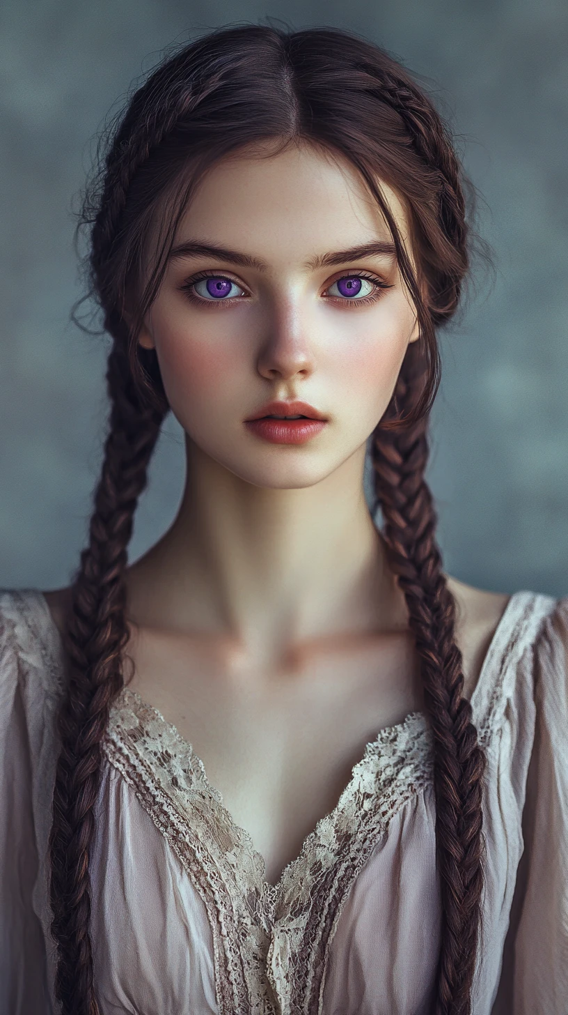 Young woman in long gown with vivid purple eyes