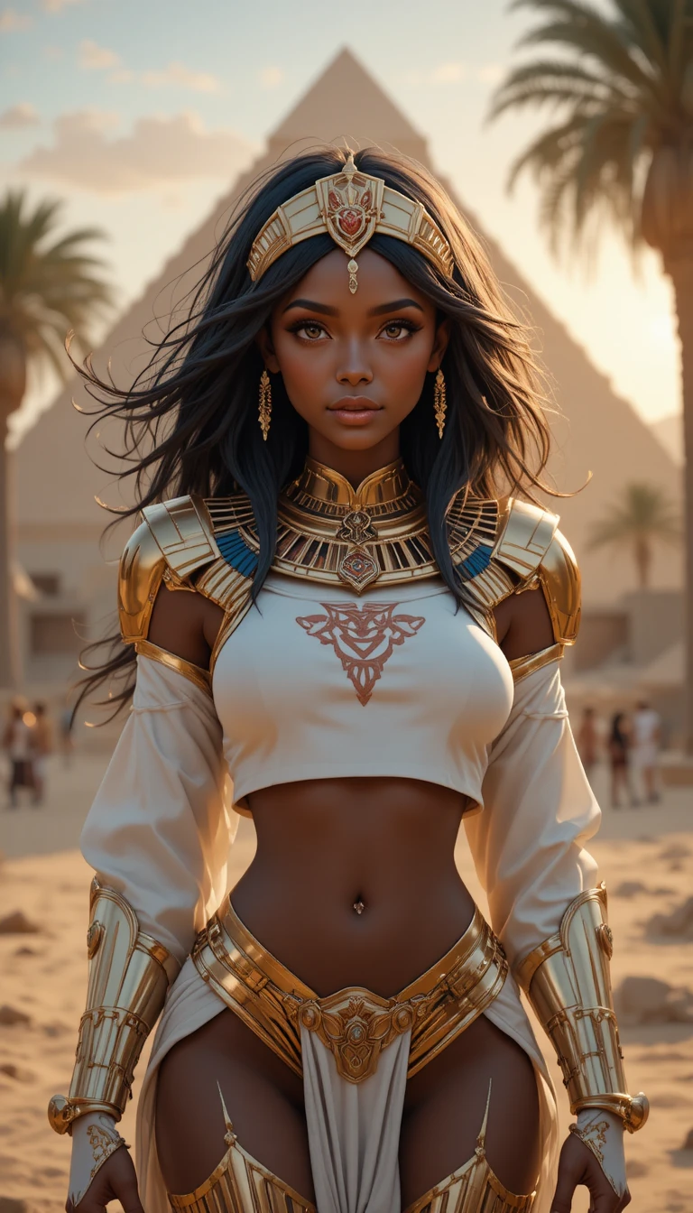 Golden egyptian robot woman before distant pyramid