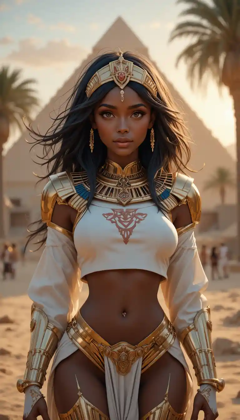 Golden egyptian robot woman before distant pyramid