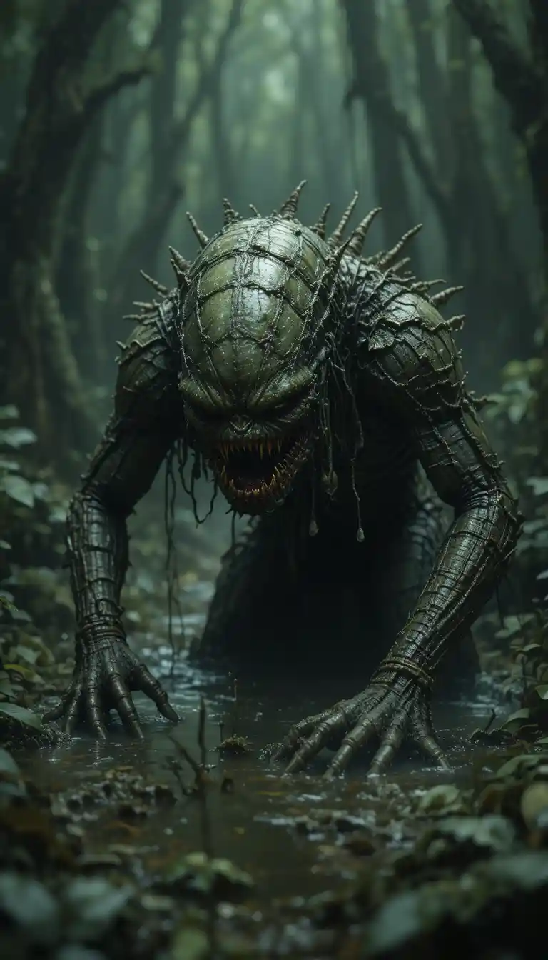 Furchterregendes Monster kriecht aus einem dunkelgrünen Sumpf
