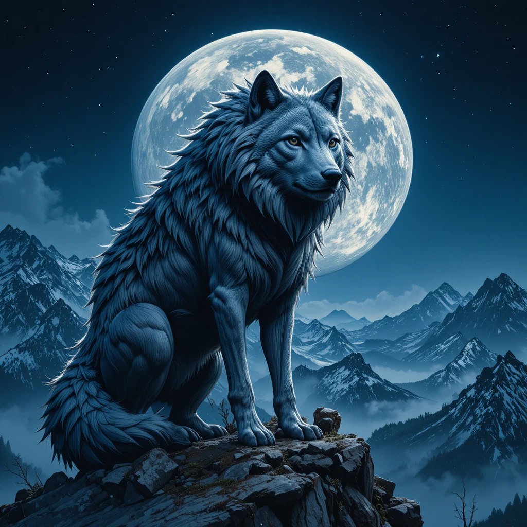 Alpha wolf on mountain peak under the full moon night