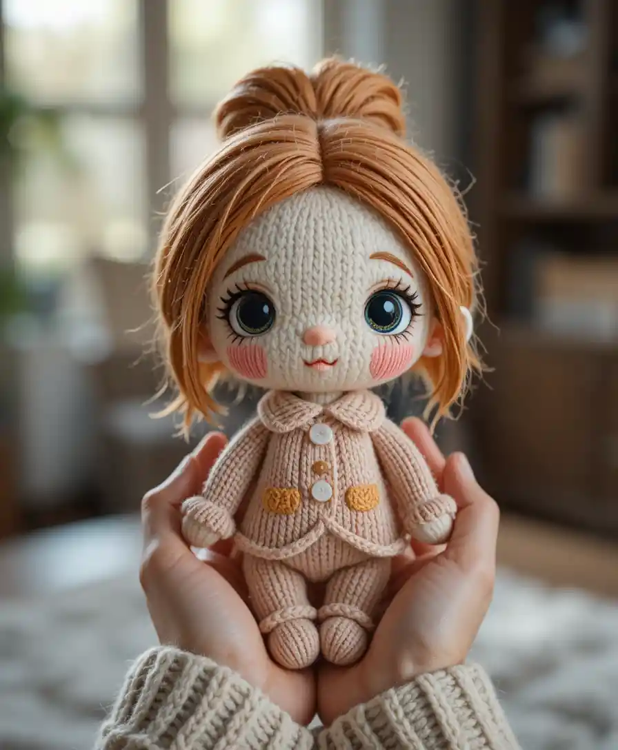 Boneca chibi tricotada à mão, segurada com carinho em mãos quentes