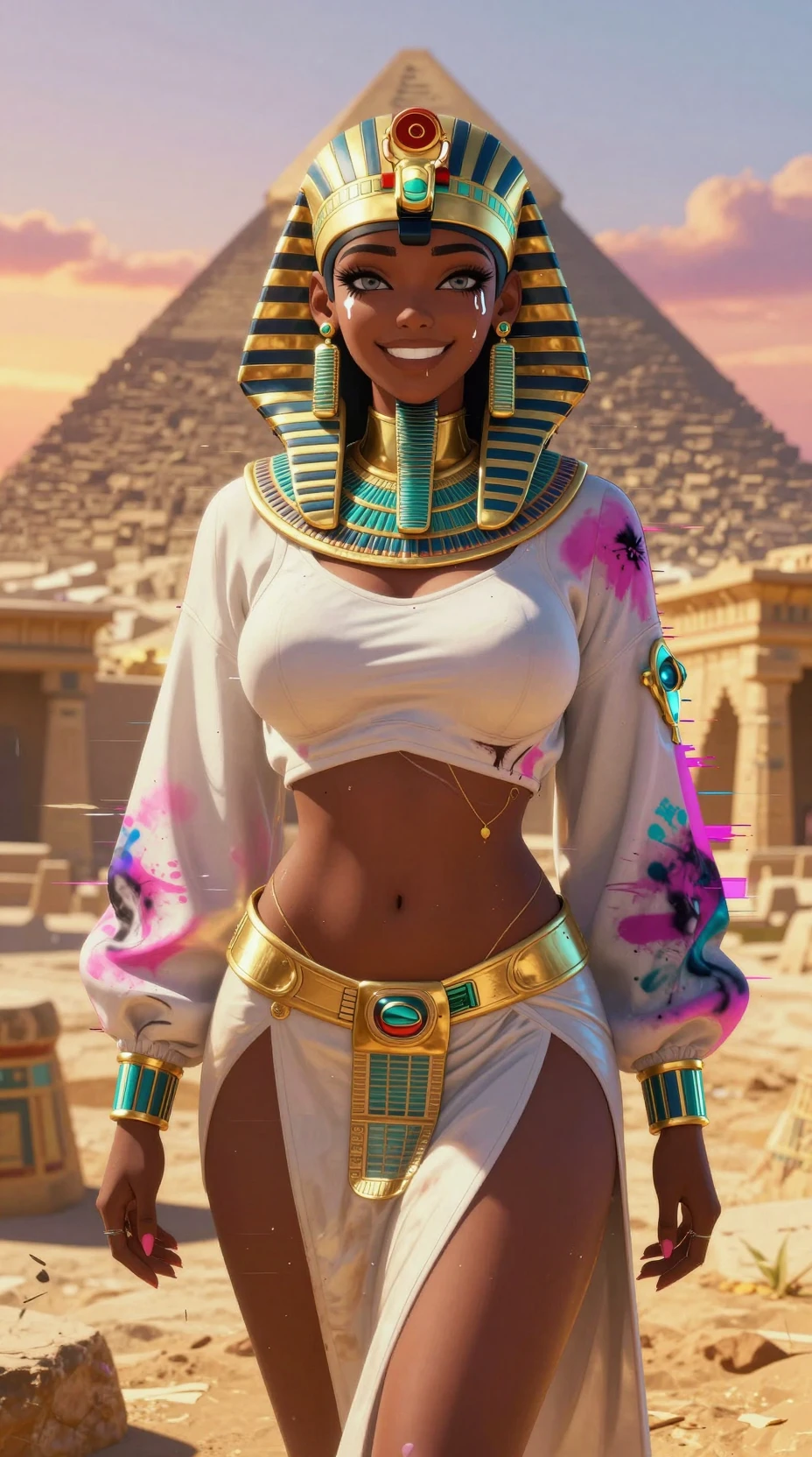 Goldene ägyptische Roboterfrau vor entferntem Pyramidentempel